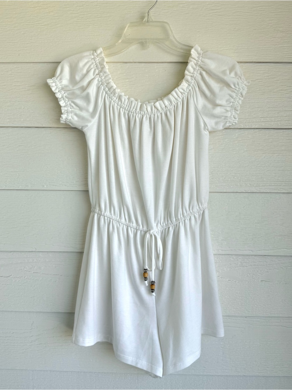 BeBop Ivory White Short Sleeve Drawstring Romper Women’s Size Small